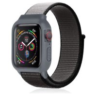 Newface Apple Watch 42mm Hasırlı Cırtcırtlı Kasalı Kordon - Siyah-Gri