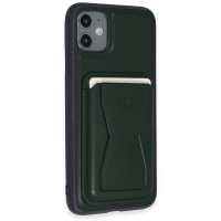 HDD iPhone 11 Kılıf HD Deri Luxury Magnet Kartvizitli Kapak - Koyu Yeşil