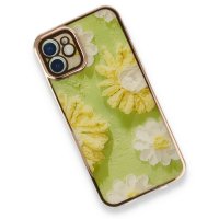 Newface iPhone 12 Kılıf Çiçekli Silikon - Yeşil