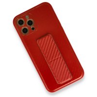 Newface iPhone 12 Pro Kılıf Coco Karbon Standlı Kapak - Kırmızı