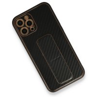 Newface iPhone 12 Pro Max Kılıf Coco Karbon Standlı Kapak - Siyah