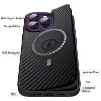 Newface iPhone 14 Pro Kılıf Harbon Magneticsafe Karbon Kapak - Derin Mor