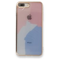 Newface iPhone 7 Plus Kılıf Çiçekli Silikon - Pembe-Mavi