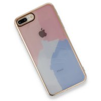 Newface iPhone 7 Plus Kılıf Çiçekli Silikon - Pembe-Mavi