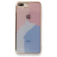 Newface iPhone 8 Plus Kılıf Çiçekli Silikon - Pembe-Mavi