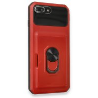 Newface iPhone 8 Plus Kılıf Klik Yüzüklü Kartvizitli Silikon - Kırmızı