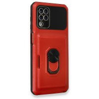 Newface Samsung Galaxy A12 Kılıf Klik Yüzüklü Kartvizitli Silikon - Kırmızı