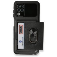 Newface Samsung Galaxy A12 Kılıf Klik Yüzüklü Kartvizitli Silikon - Siyah