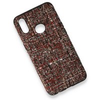 Newface Samsung Galaxy A20S Kılıf Ottoman Kumaş Silikon - Bordo