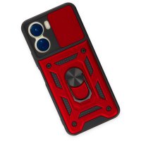Newface Vivo Y16 Kılıf Pars Lens Yüzüklü Silikon - Kırmızı
