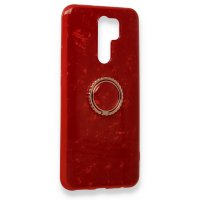 Newface Xiaomi Redmi 9 Kılıf Marble Yüzüklü Silikon - Kırmızı