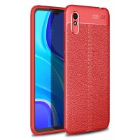 Newface Xiaomi Redmi 9A Kılıf Focus Derili Silikon - Kırmızı