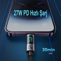 Yesido CA157 1.2M 27W Dijital Göstergeli Hasırlı Type-C to Lightning PD Hızlı Şarj Kablosu - Siyah