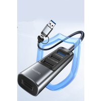 Yesido HB20 5in2 1 Adet USB 3.0 / 2 Adet Usb 2.0 / 1 Adet RJ45 100 Mbps / 1 Adet 100W Type-C Çıkışlı Usb ve Type-C Girişli Hub Dönüştürücü - Siyah