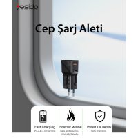 Yesido MC17 20W Type-C ve 20W Usb Çıkışlı PD Şarj Adaptörü - Siyah
