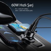 Yesido Y54 1 Adet 30W Usb / 1 Adet 30W Type-C ve 20W Type-C to Lightning Kablolu PD Hızlı Araç Şarj - Siyah