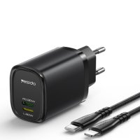 Yesido YC44 20W Type-C / 20W Lightning Girişli ve 1M 27W Type-C to Lightning Kablolu PD Şarj Cihazı - Siyah
