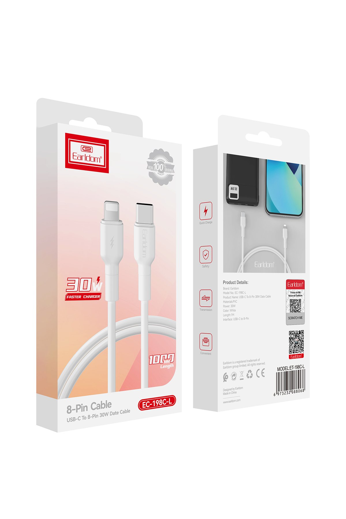 Earldom EC-IC01 1.2M Type-C to Type-C 60W ve Lightning 30W Çift Çıkışlı 2in1 PD Hızlı Şarj Kablosu - Siyah