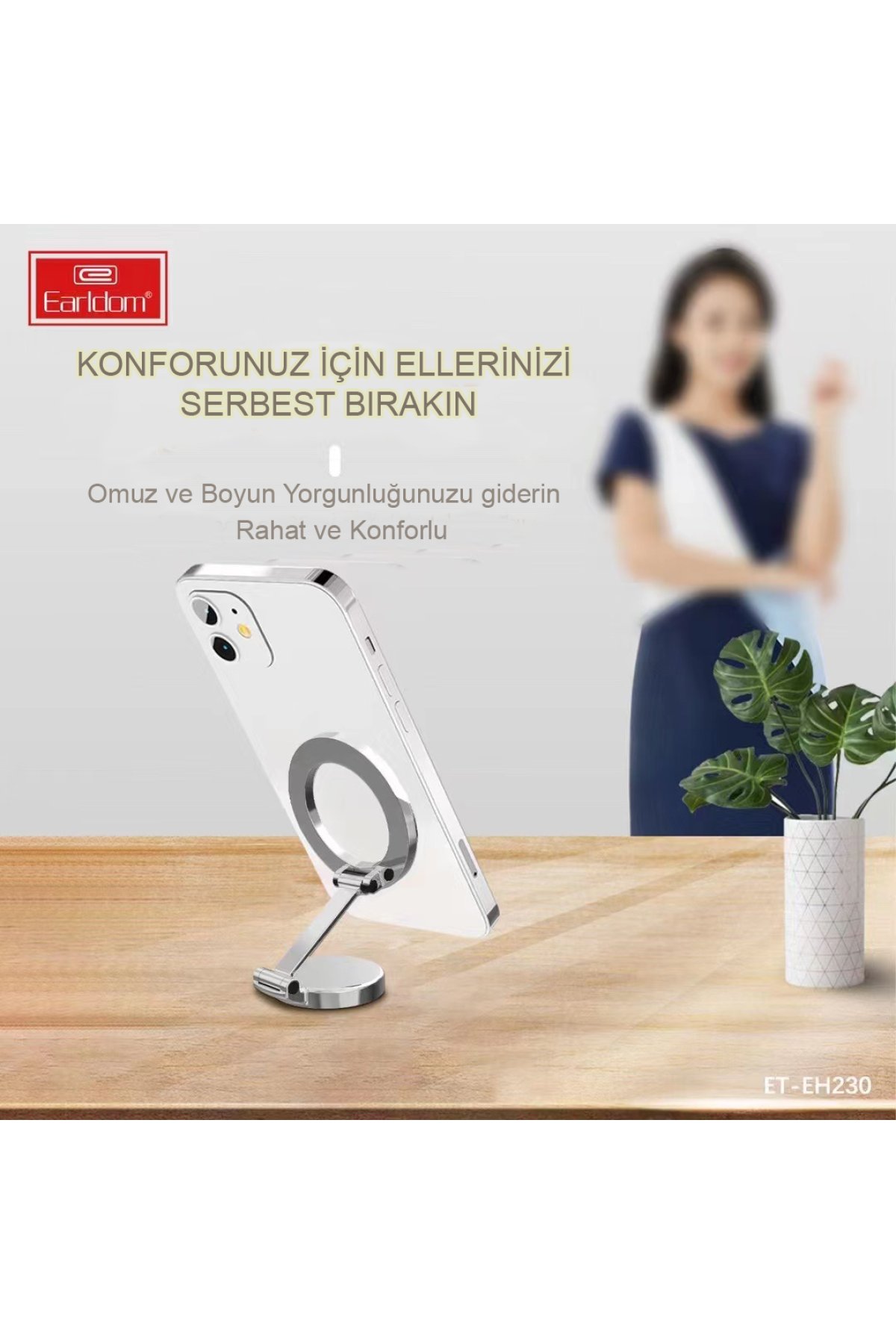 Earldom EH283 360 Derece Ayarlanabilir Katlanabilir Metal Masaüstü Telefon Tutucu - Gümüş