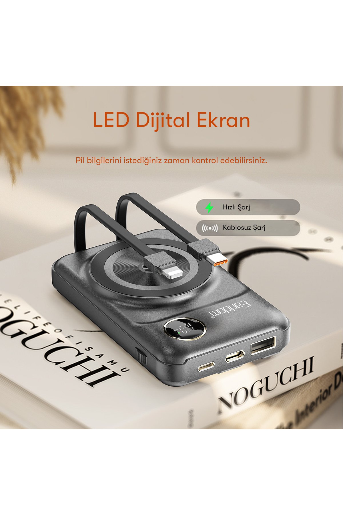 Earldom PB48 10.000 mAh 10W Led Işıklı 3in1 Dahili Kablolu Powerbank - Siyah