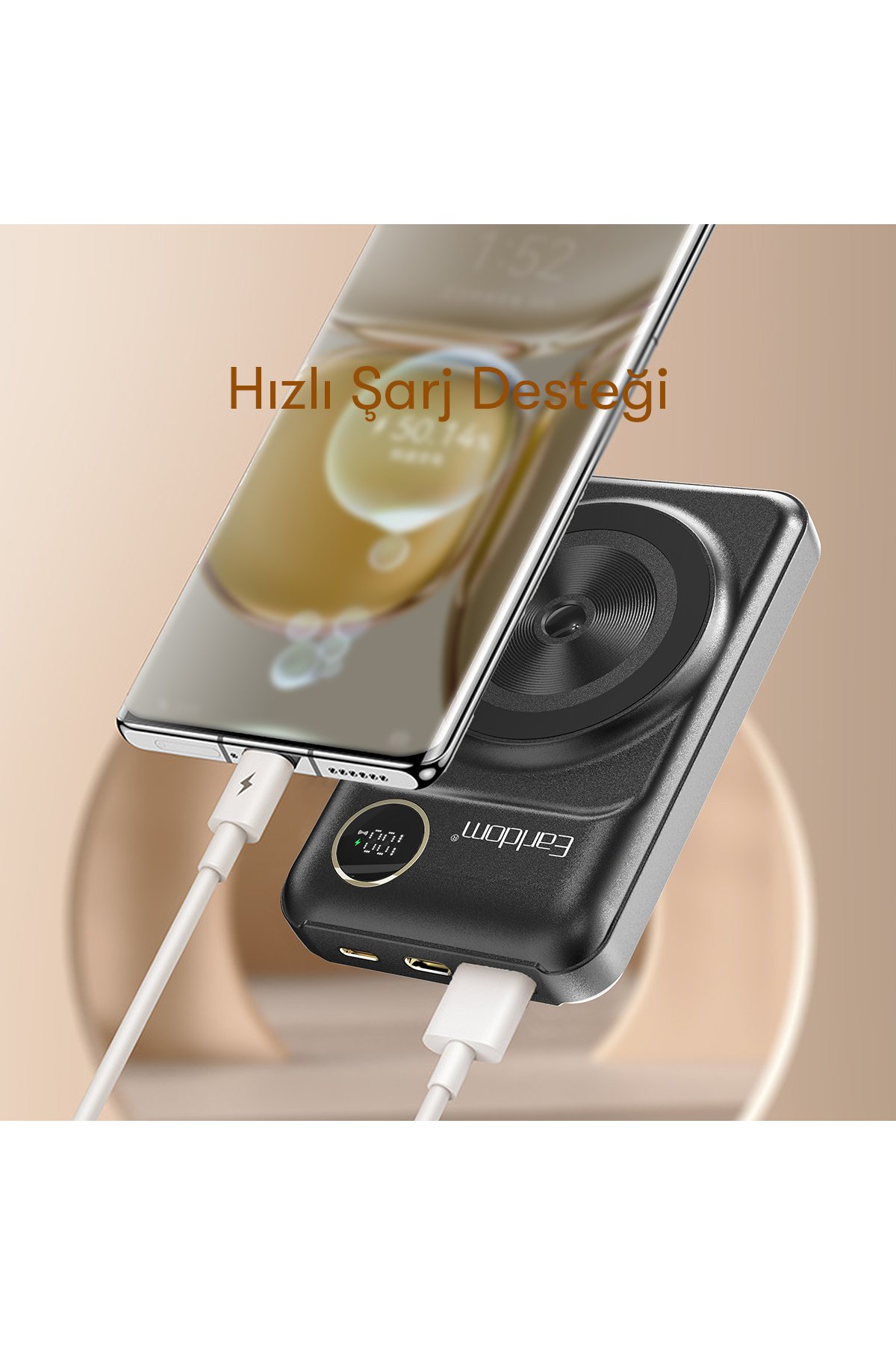 Earldom PB48 10.000 mAh 10W Led Işıklı 3in1 Dahili Kablolu Powerbank - Siyah