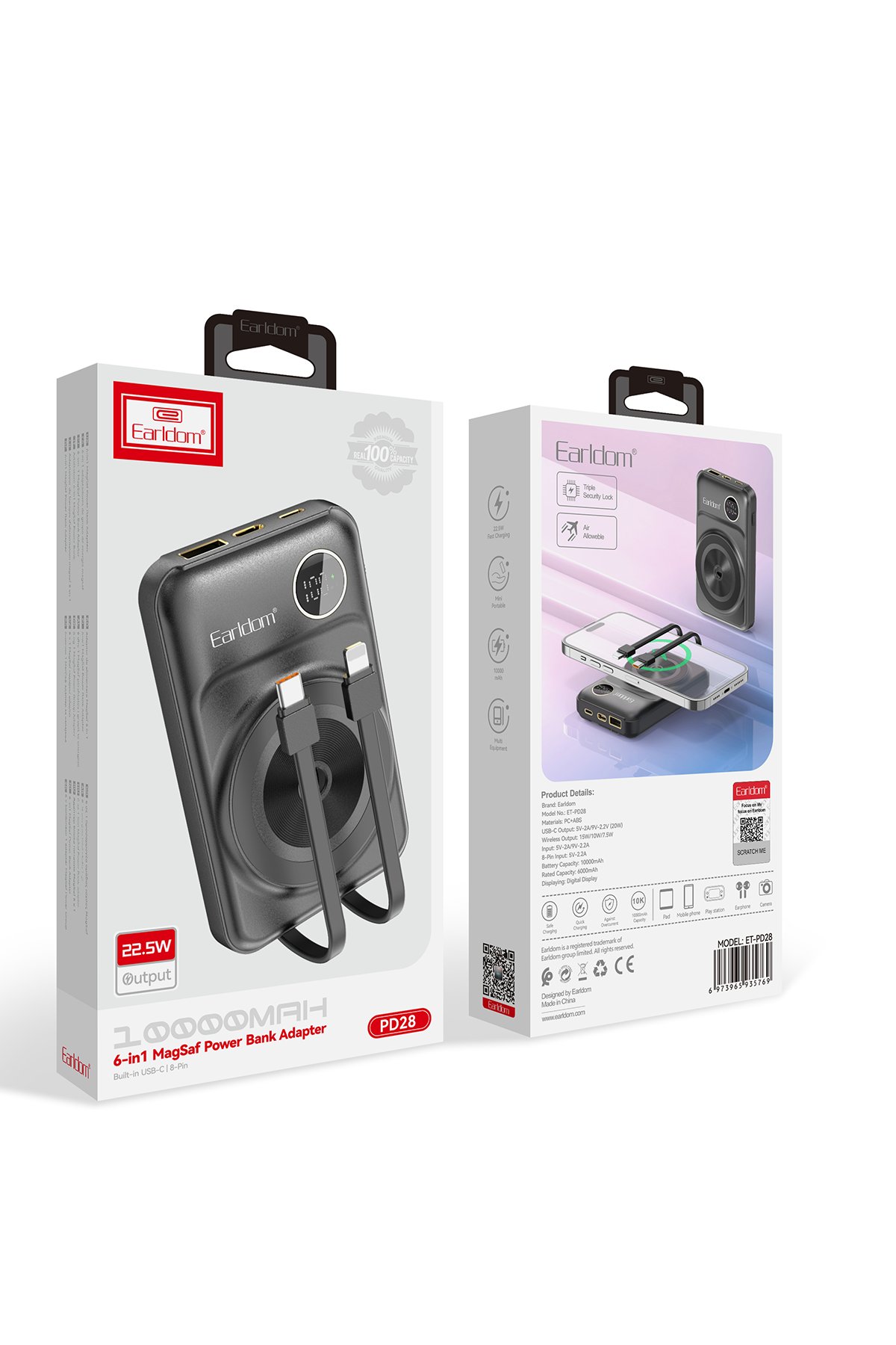 Earldom PB48 10.000 mAh 10W Led Işıklı 3in1 Dahili Kablolu Powerbank - Siyah