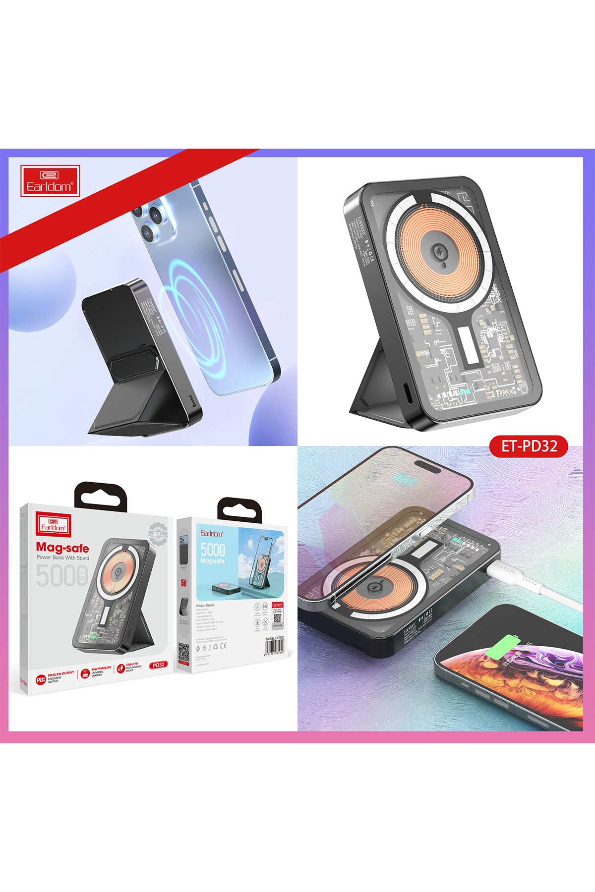 Earldom PD46 5.000 mAh 20W Dahili Type-C Çıkışlı Ekstra Dahili 2.5W Saat Şarj Kablolu PD Hızlı Şarj Mini Powerbank - Beyaz