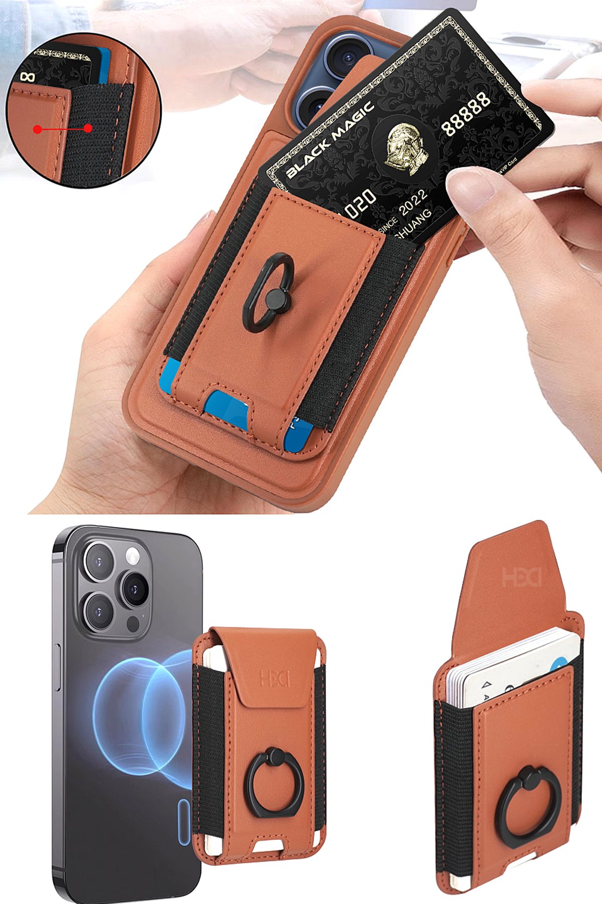 HDD iPhone 15 Kılıf HD Deri Luxury Magnet Kartvizitli Kapak - Siyah