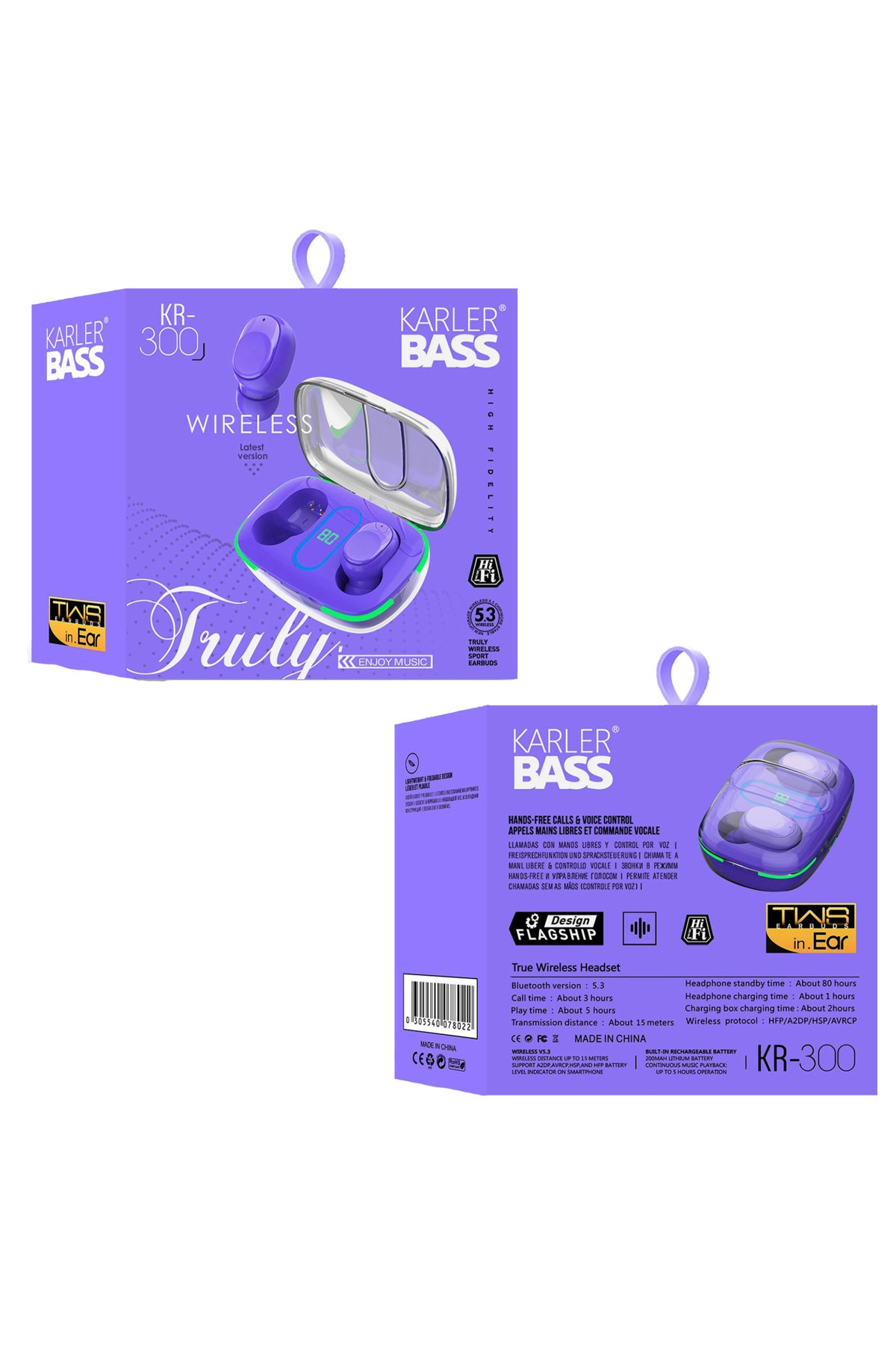 Karler Bass F08 Dijital Şarj Göstergeli TWS Bluetooth Kulaklık - Mor