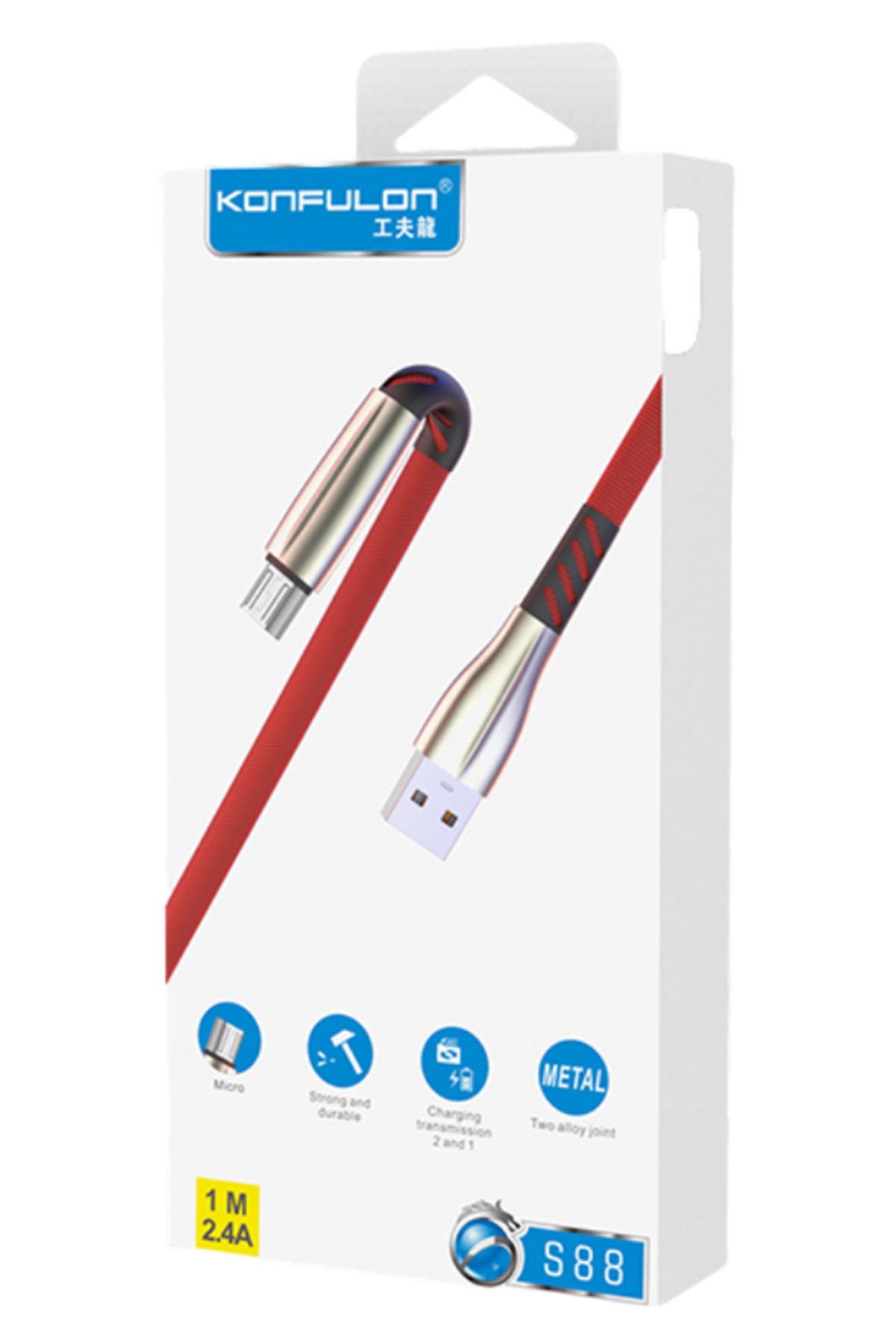 Konfulon S88 Metal Uçlu Micro USB Kablo 1M 2.4A - Kırmızı