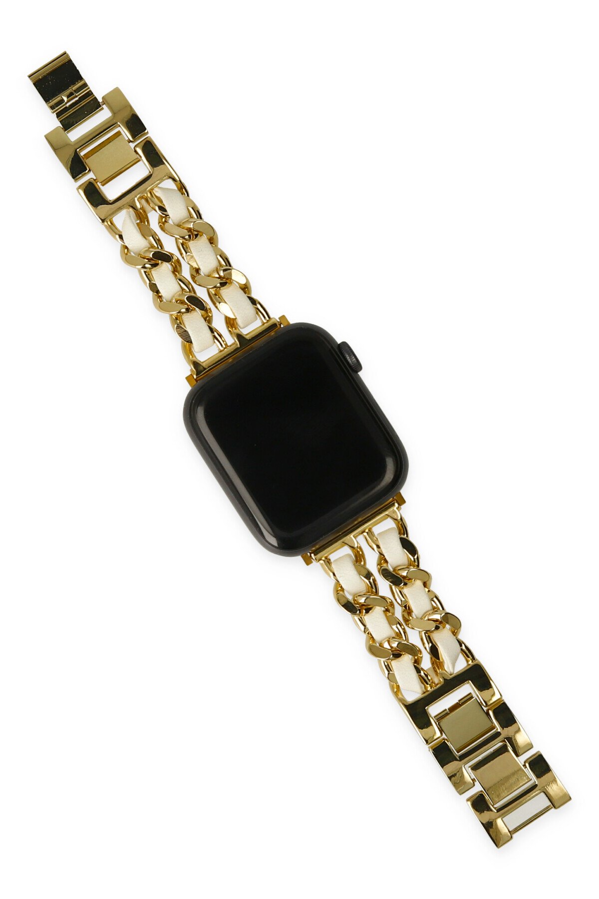 Newface Apple Watch 41mm Hasırlı Cırtcırtlı Kordon - Sarı-Beyaz