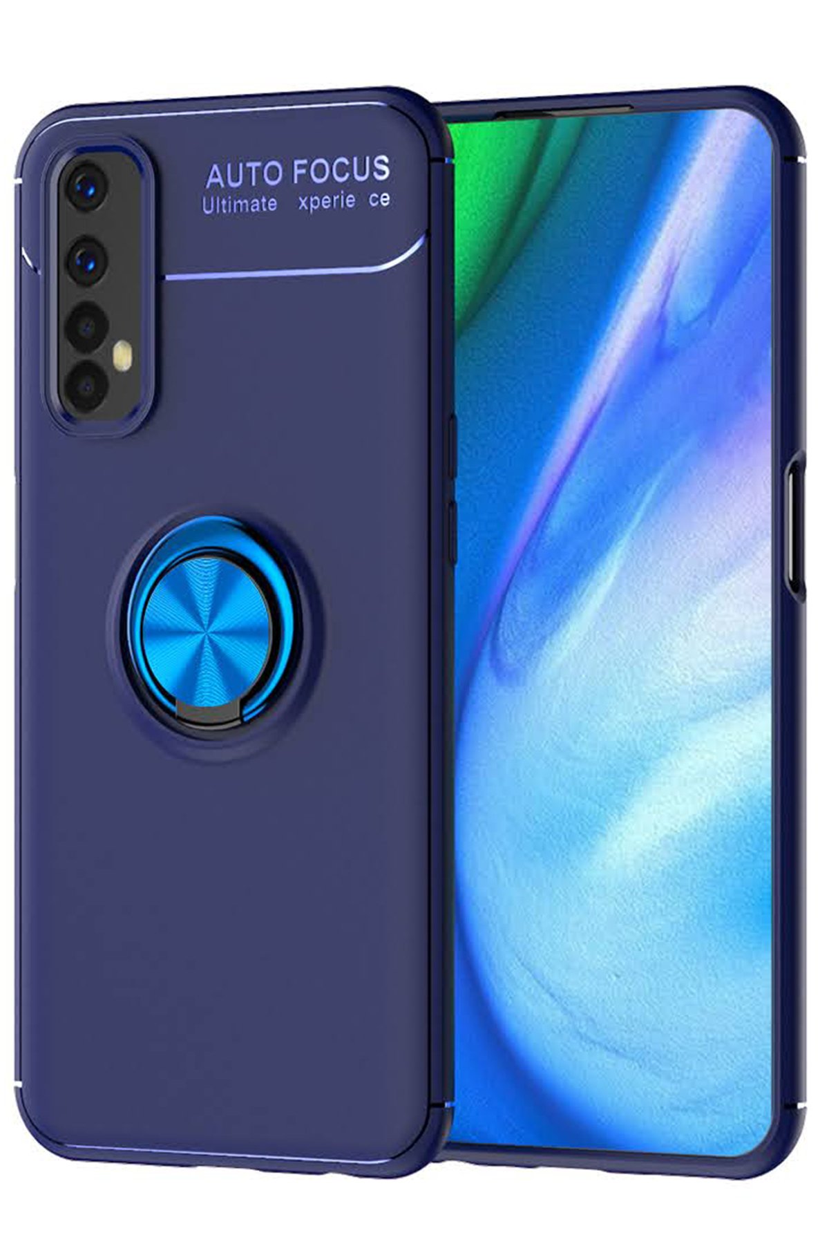 Newface Realme 7 Kılıf Range Yüzüklü Silikon - Siyah-Mavi