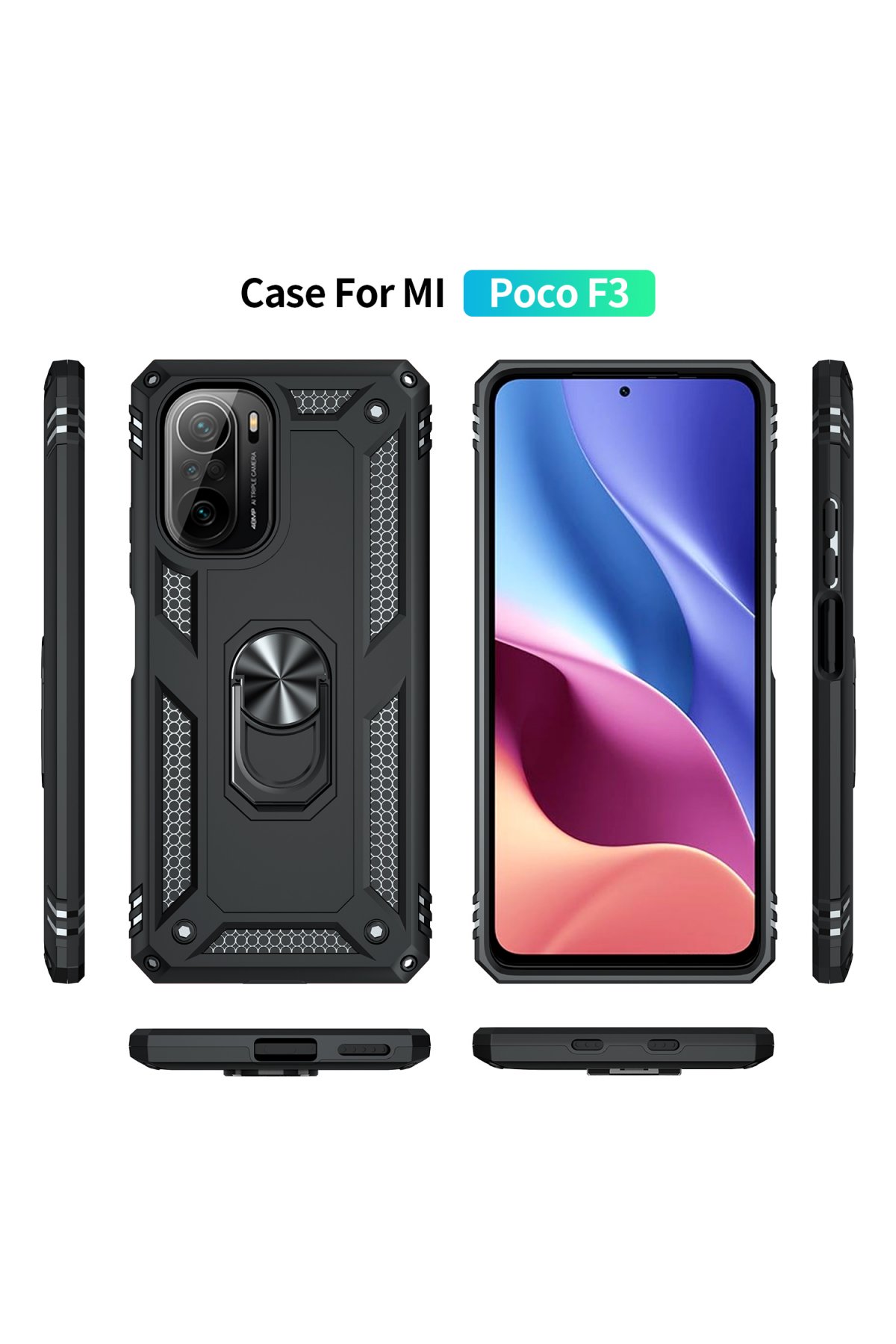 Newface Xiaomi Poco F3 Kılıf Simli Yüzüklü Silikon - Siyah