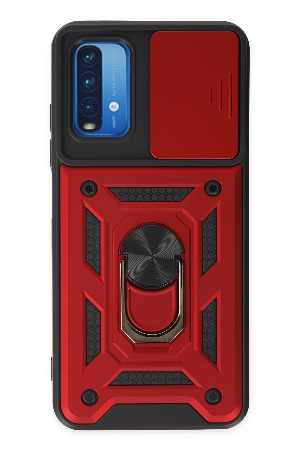 Newface Xiaomi Redmi 9T Kılıf Range Yüzüklü Silikon - Siyah-Kırmızı