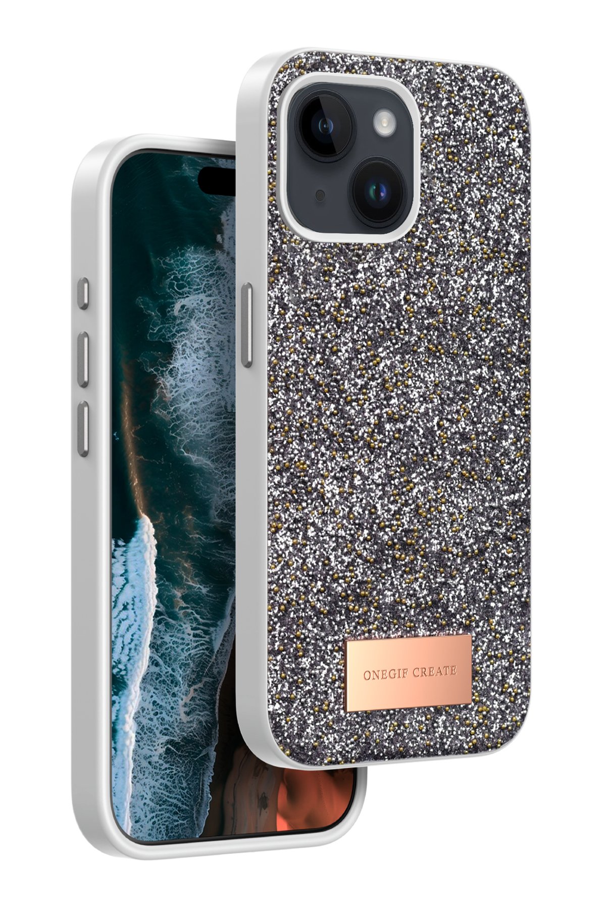 Onegif iPhone 15 Bright Simli Kapak - Gümüş