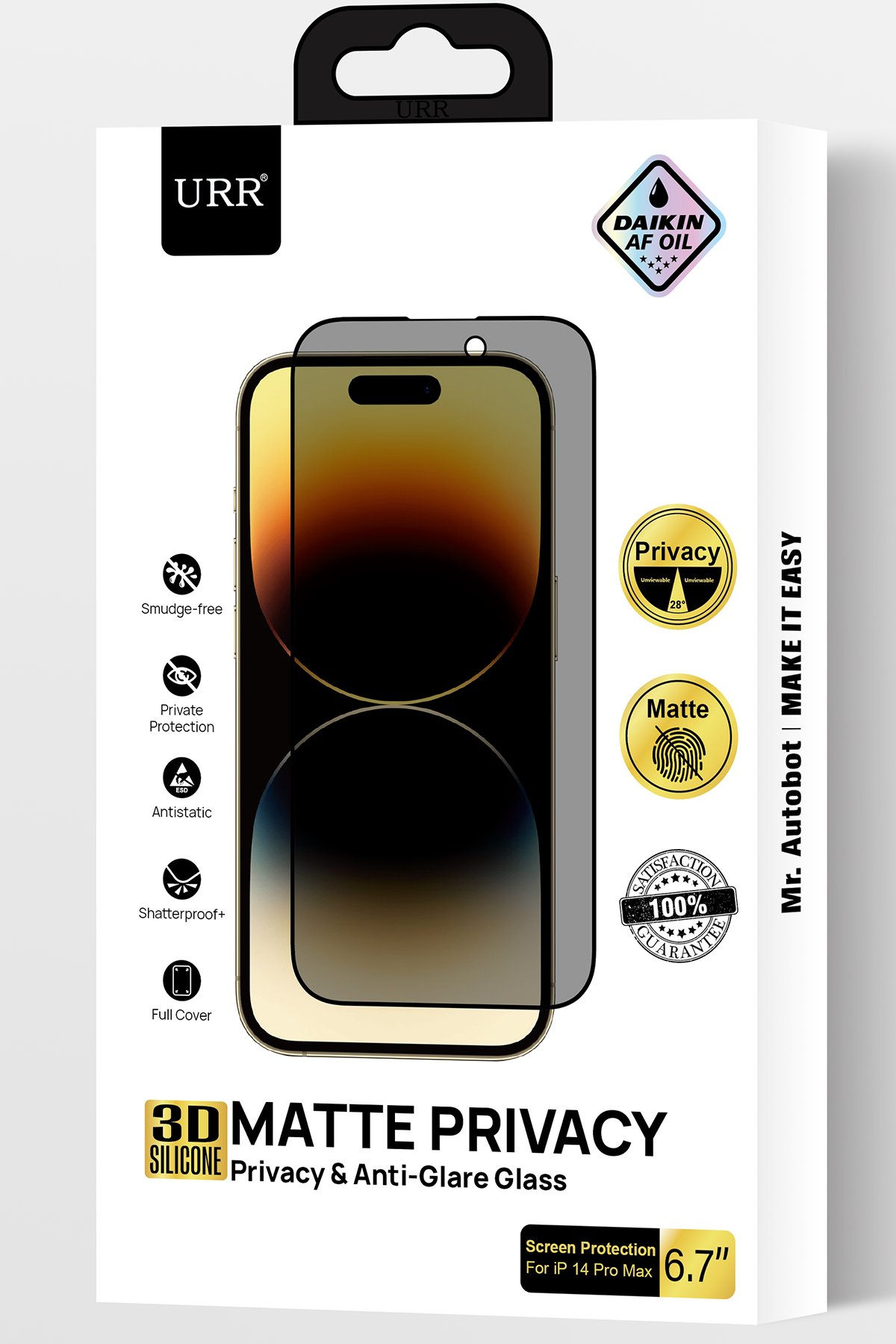 URR iPhone 15 Pro Max 2.5D Antistatik Silkscreen Cam Ekran Koruyucu - Siyah