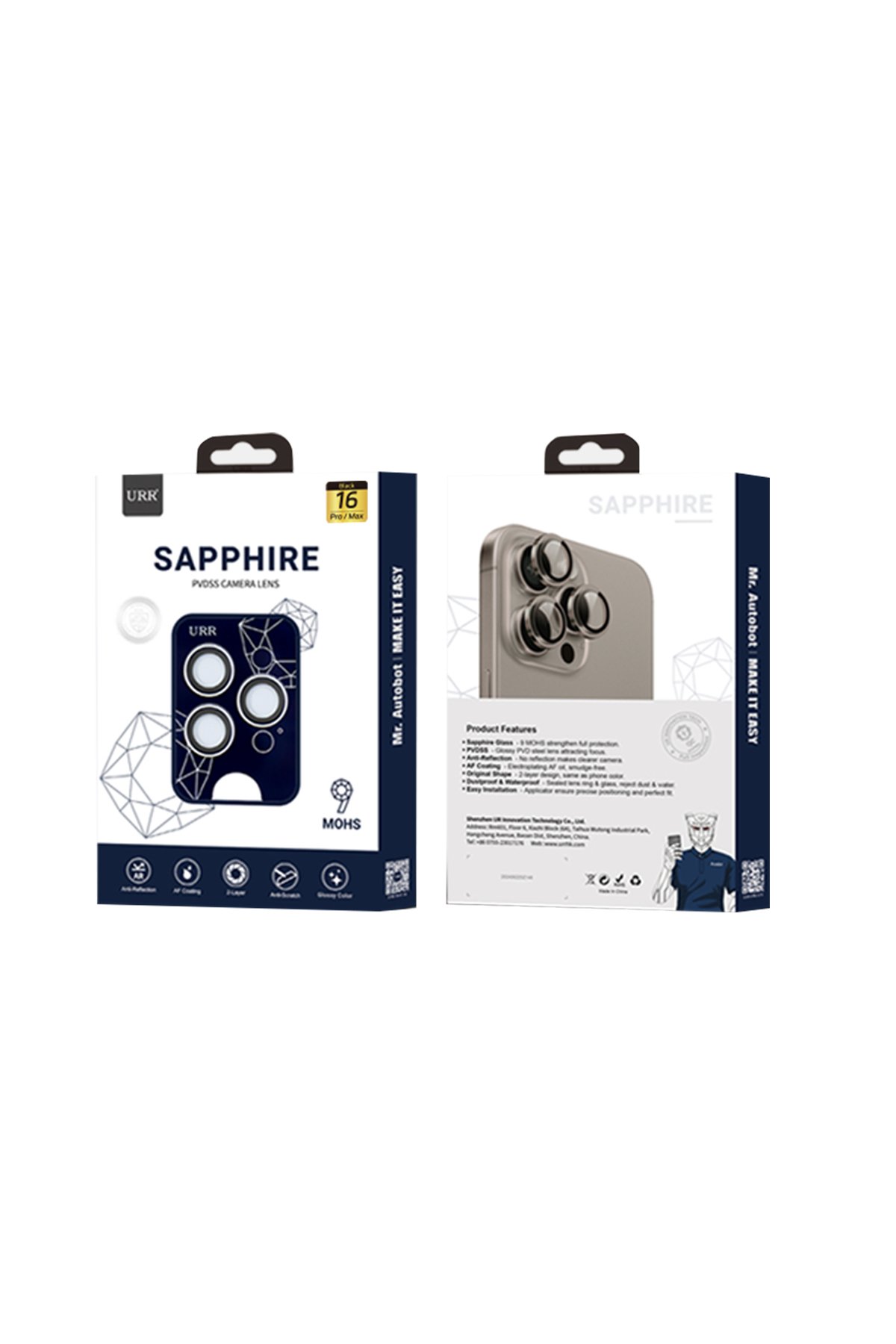 URR iPhone 16 Pro Sapphire PVDSS Kamera Lens Koruyucu - Siyah
