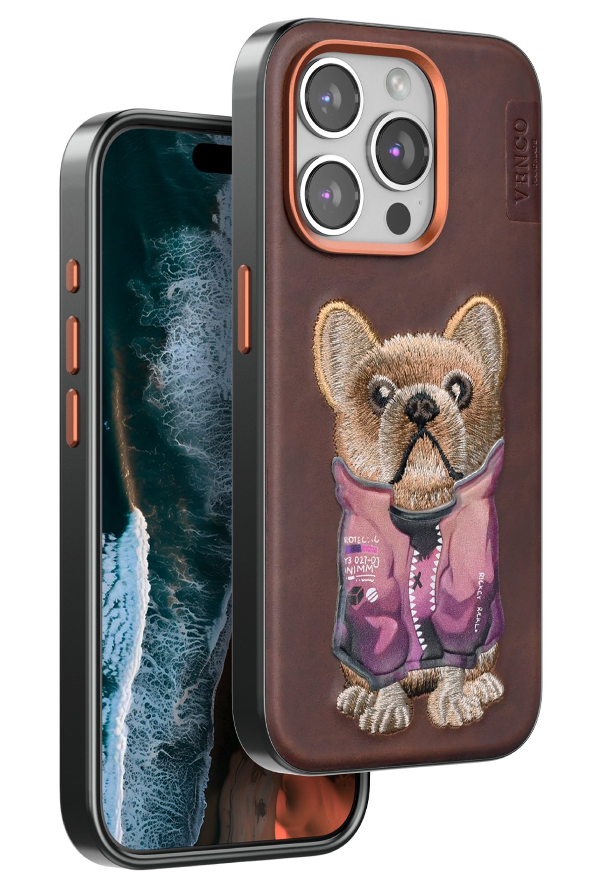 Venco iPhone 15 Pro Perma Desenli Kapak - Koyu Kahve