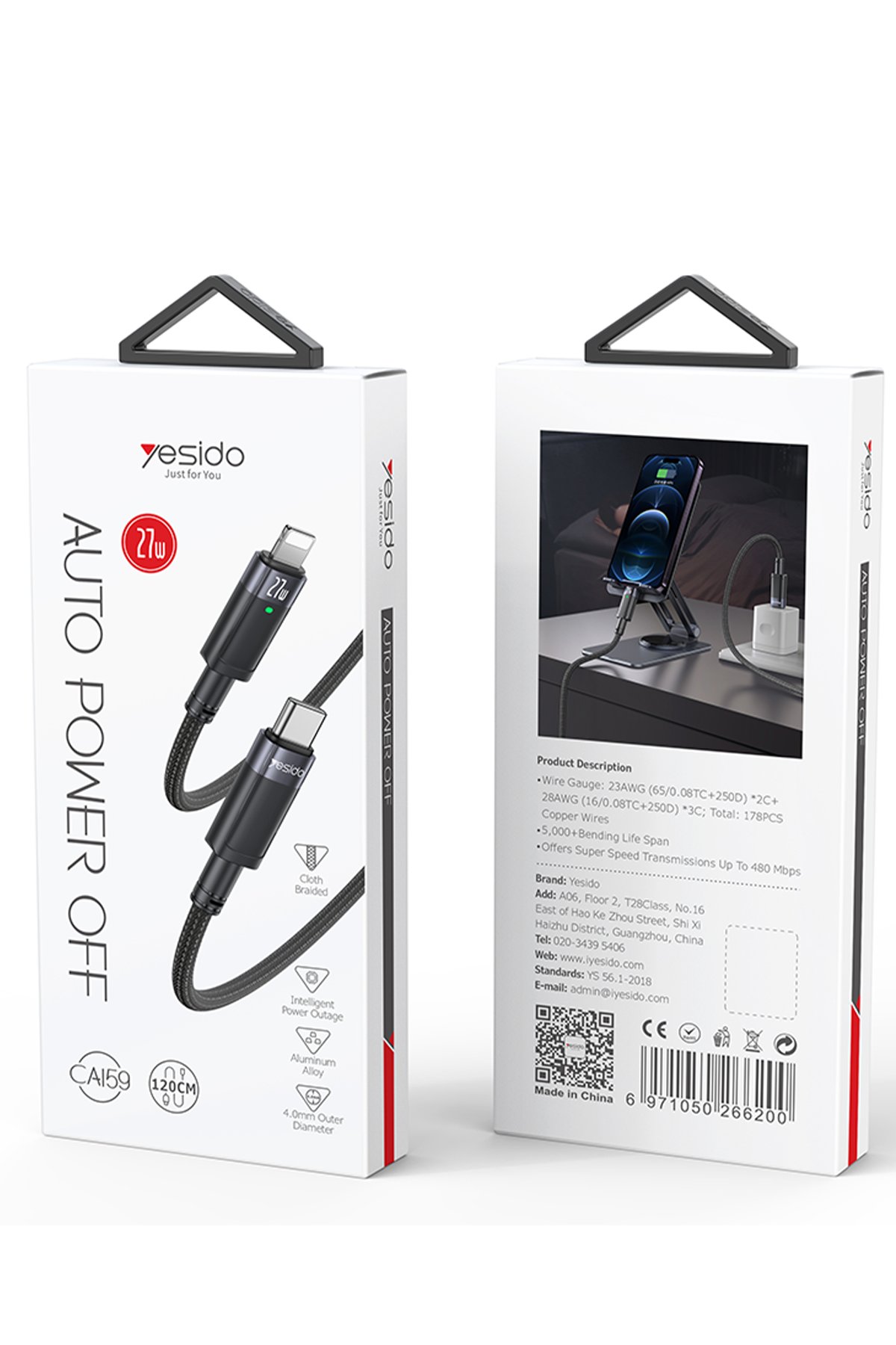 Yesido YC52 1 Adet 30W Type-C 1 Adet 30W Lightning 1 Adet 30W Usb Çıkışlı ve 1M 27W Type-C to Lightning Kablolu PD Şarj Cihazı - Beyaz